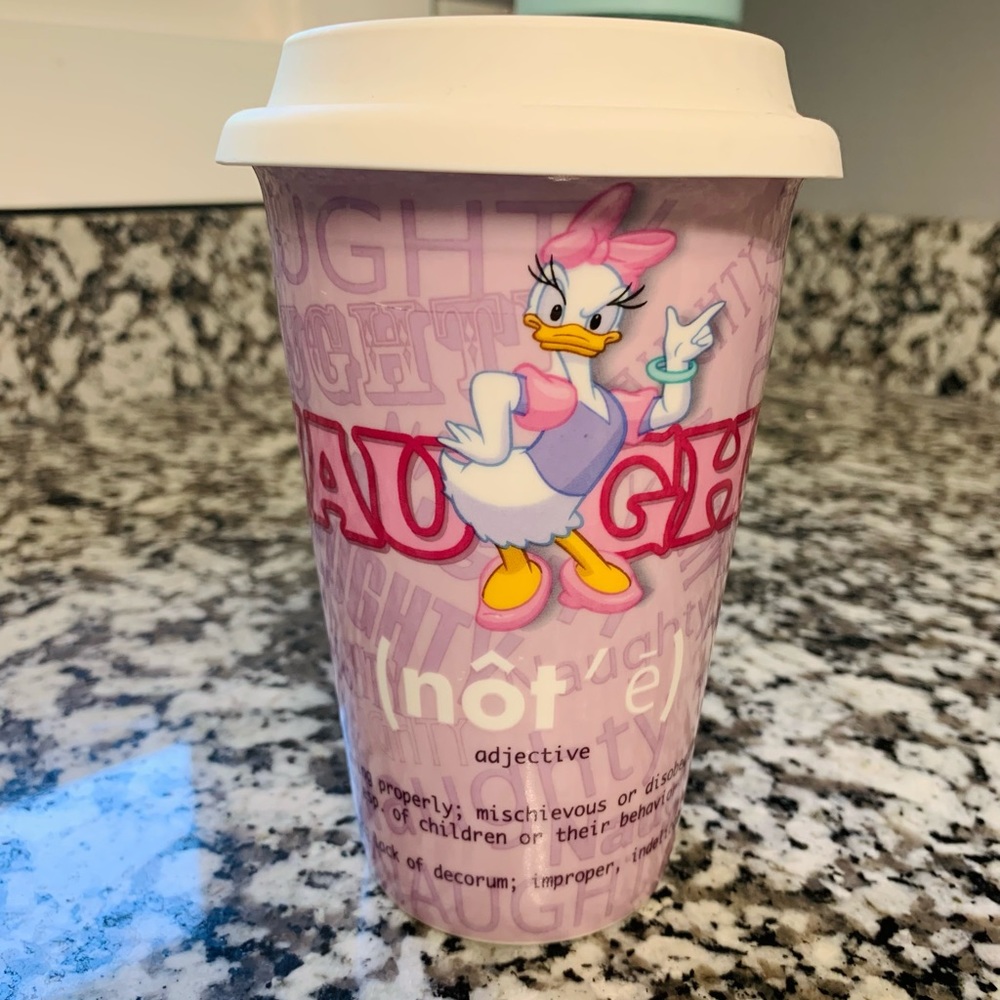 Disney Parks Ceramic Travel Mug Daisy Minnie Mouse Naughty Nice Coffee Cup